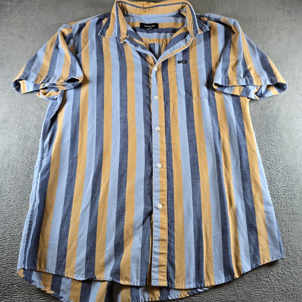 Brixton Mens XL Short Sleeve Button Up Shirt Blue Yellow Striped Pocket Casual